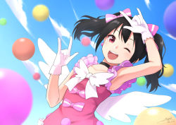 Rule 34 | 1girl, artist name, artist request, balloon, bare shoulders, black choker, black hair, blue sky, blush, bow, breasts, choker, cleavage, cloud, collarbone, dress, dress bow, earrings, female focus, gloves, hair bow, haruna miyabi, highres, jewelry, looking at viewer, love live!, love live! school idol festival, love live! school idol project, nico nico nii, one eye closed, parted lips, pink bow, pink dress, pink skirt, red eyes, short hair, skirt, sky, small breasts, smile, solo, striped, twintails, white gloves, white wings, wings, yazawa nico
