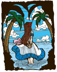 Rule 34 | beach, brown hair, cloud, flower, hair flower, hair ornament, lowres, marin (zelda), nintendo, okra (artist), palm tree, sky, the legend of zelda, the legend of zelda: link&#039;s awakening, tree