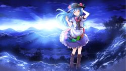 Rule 34 | 1girl, blue hair, boots, bow, cloud, cloudy sky, food, fruit, hat, highres, hinanawi tenshi, landscape, peach, puffy short sleeves, puffy sleeves, risutaru, shirt, short sleeves, skirt, sky, smile, solo, sunrise, touhou, waving