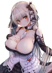 Rule 34 | 1girl, azur lane, bare shoulders, between breasts, black dress, blonde hair, blush, breasts, cleavage, dress, formidable (azur lane), frilled dress, frills, hair ribbon, hand on own chest, head tilt, highres, jewelry, large breasts, long hair, long sleeves, looking at viewer, red eyes, ribbon, rigging, skirt hold, solo, twintails, two-tone dress, two-tone ribbon, very long hair, west 24