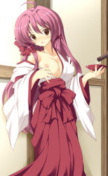 Rule 34 | 1girl, alcohol, blush, breast slip, breasts, brown eyes, female focus, hizuki aki, japanese clothes, long hair, looking at viewer, miko, nipples, one breast out, original, purple hair, sake, solo, standing
