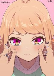 Rule 34 | 1girl, 1other, blonde hair, blush, cheek pinching, closed mouth, commission, copyright request, fingernails, looking at viewer, low twintails, osame, pinching, pink background, pink eyes, pov, pov hands, skeb commission, solo focus, twintails, upturned eyes