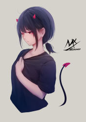 Rule 34 | 1girl, artist name, black hair, black shirt, closed mouth, collarbone, cropped torso, demon girl, demon horns, demon tail, detached tail, frown, grey background, hair between eyes, hand on own chest, highres, horns, low ponytail, nail polish, one eye closed, original, red eyes, red horns, red nails, shimmer, shirt, short hair, short ponytail, short sleeves, sidelocks, simple background, solo, tail, tail raised, upper body