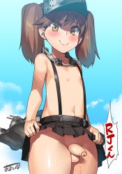 Rule 34 | 10s, 1boy, :&gt;, androgynous, blush, brown eyes, brown hair, clothes lift, crossdressing, flaccid, futanari, gender request, genderswap, hat, kantai collection, long hair, male focus, obui, penis, personification, ryuujou (kancolle), skirt, skirt lift, smile, solo, sweat, thick thighs, thighs, twintails, uncensored, visor cap