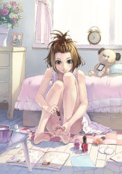 Rule 34 | 1girl, applying pedicure, bare legs, barefoot, brown hair, clock, clothes between thighs, face, feet, flower, forehead, framed, fukukitaru, green eyes, hands on feet, highres, light smile, lips, nail polish, nail polish bottle, original, photo (object), picture frame, short hair, soles, solo, stuffed animal, stuffed toy, teddy bear, toenail polish, toenails, toes, topknot