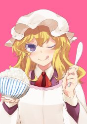 Rule 34 | 1girl, ;q, apron, bad id, bad pixiv id, blonde hair, bowl, dress, food, food on face, hat, kappougi, long hair, maribel hearn, mob cap, one eye closed, pink background, purple eyes, rainx0z, ribbon, rice, rice bowl, rice on face, shamoji, simple background, smile, solo, spoon, tongue, tongue out, touhou