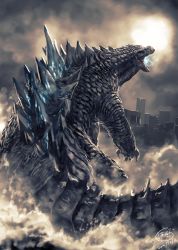 Rule 34 | blue fire, breath weapon, breathing fire, cityscape, cloud, cloudy sky, dated, fire, from behind, godzilla, godzilla (2014), godzilla (monsterverse), godzilla (series), hanekura bou, highres, kaijuu, legendary pictures, monster, monsterverse, no humans, open mouth, scales, sharp teeth, signature, sky, solo, spikes, splashing, teeth, toho, tongue, wading, water