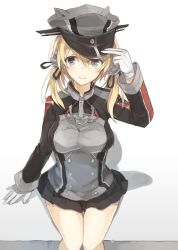 Rule 34 | 10s, 1girl, animal ears, blonde hair, blue eyes, blush, breasts, cat ears, chibirisu, gloves, hand on headwear, hat, kantai collection, kemonomimi mode, large breasts, looking at viewer, low twintails, microskirt, peaked cap, prinz eugen (kancolle), shadow, sitting, skirt, smile, solo, twintails, twitter username, white gloves