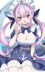 1girl :d absurdres anchor anchor_symbol blue_bow blue_dress blue_hair blue_nails blue_ribbon bow braid breasts claw_pose cleavage commentary_request dress frilled_dress frills hair_ribbon hand_up highres hololive kamioka_shun&#039;ya large_breasts long_hair low_twintails maid maid_headdress minato_aqua minato_aqua_(1st_costume) multicolored_hair nail_polish open_mouth pink_hair puffy_short_sleeves puffy_sleeves purple_eyes ribbon short_sleeves smile solo streaked_hair twintails two-tone_hair very_long_hair virtual_youtuber white_background wrist_cuffs