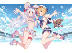 Rule 34 | 2girls, :d, animal ears, anklet, arm up, armpits, asymmetrical footwear, bare legs, belt, bikini, blonde hair, blouse, blue footwear, blue neckwear, blue shorts, blue sky, blurry, blurry background, blush, bow, bowtie, breasts, bridal garter, castle, cloud, commentary request, dog, dog ears, dot nose, eyewear on head, fake animal ears, flower, frilled bikini, frills, front-tie bikini top, front-tie top, full body, gold trim, granblue fantasy, hair bow, hair flower, hair ornament, hat, heart belt, highres, holding hands, jewelry, jiman, jumping, legwear garter, letterboxed, mismatched footwear, mountainous horizon, mouse ears, multiple belts, multiple girls, neckerchief, ocean, open clothes, open mouth, open shirt, outstretched arm, pink bikini, pink flower, pink footwear, red bow, red eyes, reflection, sailor collar, sailor hat, sandals, shirt, shoe flower, short hair, short shorts, shorts, single legwear garter, sky, sleeveless, small breasts, smile, star-shaped eyewear, star (symbol), striped bikini, striped clothes, sunglasses, sunglasses on head, swimsuit, tinted eyewear, vajra (granblue fantasy), vajra (summer) (granblue fantasy), vikala (blooming summer wallflower) (granblue fantasy), vikala (granblue fantasy), water drop, white belt, white bikini, white hair, white sailor collar, white shirt