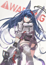 Rule 34 | 1girl, animal ears, arknights, black skirt, blaze (arknights), blue eyes, blue hair, breasts, commentary request, eyebrows hidden by hair, grey background, grey thighhighs, grin, hair between eyes, hairband, highres, holding, holding weapon, jacket, long hair, medium breasts, pencil skirt, red hairband, see-through, shirt, sign, single thighhigh, skirt, smile, solo, tail, thighhighs, very long hair, warning sign, weapon, white jacket, white shirt, yunar
