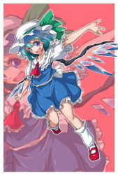 Rule 34 | 1girl, alternate color, ascot, blue eyes, blue hair, cirno, cosplay, embodiment of scarlet devil, flandre scarlet, flandre scarlet (cosplay), full body, highres, ice, ice wings, izuna nie, mary janes, matching hair/eyes, md5 mismatch, shoes, short hair, simple background, smile, solo, touhou, wings, zoom layer