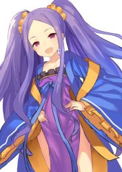 Rule 34 | 1girl, dress, fate/grand order, fate (series), hands on own hips, japanese clothes, kame^^, kimono, long hair, open clothes, open kimono, open mouth, pelvic curtain, purple dress, purple eyes, purple hair, scrunchie, smile, solo, twintails, very long hair, wu zetian (fate), wu zetian (first ascension) (fate)