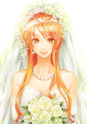 Rule 34 | 1girl, bad id, bad pixiv id, bare shoulders, bouquet, breasts, bridal veil, cleavage, collarbone, dress, earrings, elbow gloves, flower, gloves, holding, holding bouquet, jewelry, long hair, looking at viewer, medium breasts, nami (one piece), necklace, one piece, orange eyes, orange hair, senbei (roof-lock), sleeveless, sleeveless dress, smile, solo, standing, strapless, strapless dress, upper body, veil, wedding dress, white background, white dress, white flower, white gloves