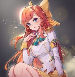 Rule 34 | 1girl, alternate costume, arm support, badge, battle academia (league of legends), battle academia lux, blue eyes, blush, bracelet, breasts, chibi vanille, green neckwear, hair ornament, jewelry, large breasts, league of legends, long hair, long sleeves, looking at viewer, lux (league of legends), neckwear request, open mouth, pleated skirt, prestige edition (league of legends), red hair, ribbon, school uniform, shiny clothes, shiny skin, shirt, simple background, sitting, skirt, solo, white shirt, yellow ribbon, yellow skirt