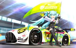 Rule 34 | 1girl, advan, black bodysuit, black footwear, black gloves, blue eyes, blue hair, blush, bodysuit, boots, breasts, car, covered navel, cropped jacket, enkei, flag, gloves, goodsmile racing, green gloves, hatsune miku, highres, holding, holding flag, itasha, jacket, long hair, medium breasts, mercedes-benz, mercedes-benz amg gt, motor vehicle, open mouth, piapro, race queen, race vehicle, racecar, racing miku, racing miku (2022), reatbox, shadow, single thigh boot, solo, spoiler (automobile), sponsor, super gt, thigh boots, twintails, two-tone gloves, vehicle focus, very long hair, vocaloid, waving, white jacket, yokohama tire