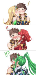 Rule 34 | !, !?, 1boy, 3girls, armor, assertive female, back, blonde hair, blush, breasts, brown hair, closed mouth, closed eyes, from side, gem, green hair, hair ornament, headpiece, hetero, highres, jewelry, kiss, kissing cheek, large breasts, lipstick mark, multiple girls, multiple persona, mythra (xenoblade), nervous, nithros, one eye closed, open mouth, pneuma (xenoblade), ponytail, pyra (xenoblade), red hair, rex (xenoblade), short hair, shy, smile, surprised, tiara, xenoblade chronicles (series), xenoblade chronicles 2, yellow eyes