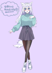 Rule 34 | 1girl, absurdres, animal ears, black pantyhose, blue eyes, blue sweater, blush, cat ears, cat girl, cat tail, commentary request, crossed legs, dated, full body, glass, grey skirt, hand up, highres, long hair, long sleeves, looking at viewer, noripro, open mouth, pantyhose, purple background, shirayuki mishiro, shoes, simple background, skirt, smile, sneakers, solo, standing, sweater, tail, translation request, twitter username, virtual youtuber, white footwear, white hair, yuri kyanon