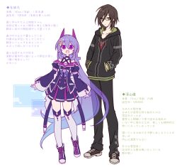 1boy, 1girl, :d, absurdres, bangs, black-framed eyewear, black choker, black footwear, black jacket, black pants, blush, boots, brown hair, character profile, choker, closed mouth, criss-cross halter, cross-laced footwear, drawstring, eyebrows visible through hair, glasses, green eyes, hair between eyes, hair ornament, halterneck, hands in pockets, highres, hijiri (resetter), hood, hood down, hooded jacket, horns, jacket, lace-up boots, long hair, long sleeves, looking at viewer, off-shoulder jacket, open mouth, original, pants, pleated skirt, purple eyes, purple footwear, purple hair, purple jacket, purple skirt, semi-rimless eyewear, shoes, skirt, smile, standing, star (symbol), star hair ornament, thighhighs, thighhighs under boots, translation request, under-rim eyewear, very long hair, white background, white legwear, wide sleeves