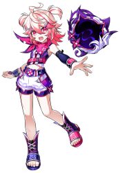 Rule 34 | 1girl, bandana, crop top, elsword, full body, hair ornament, hairpin, half updo, highres, laby (elsword), looking at viewer, mirror, official art, open mouth, pink hair, rough child (elsword), sharp teeth, shirt, short hair, short twintails, shorts, sleeveless, sleeveless shirt, solo, teeth, transparent background, twintails