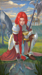 Rule 34 | 2girls, armor, braid, chalice, cloud, cloudy sky, cup, fire emblem, fire emblem: path of radiance, fish, grass, horse, long hair, mist (fire emblem), multiple girls, nintendo, on one knee, pauldrons, polearm, red hair, shoulder armor, single braid, sky, thighhighs, titania (fire emblem), weapon, yagaminoue