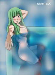 Rule 34 | 1girl, bath, bisca mulan, blush, boots, breasts, fairy tail, female focus, green hair, high heels, highres, large breasts, long hair, looking at viewer, nail polish, navel, nipples, nude, purple eyes, solo, sonicx, thigh boots, water
