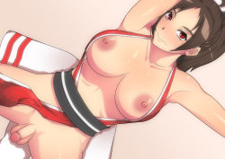 Rule 34 | 1girl, bad id, bad pixiv id, bare shoulders, belt, blush, breasts, brown hair, censored, flaccid, futanari, huge breasts, large breasts, nipples, open clothes, penis, ponytail, red eyes, shiranui mai, snk, solo, spread legs, testicles, the king of fighters
