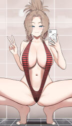 1girl absurdres barefoot bathroom blue_eyes breasts brown_hair cellphone closed_mouth commission forehead highres holding holding_phone ingrid_trygen large_breasts long_hair navel parted_bangs phone red_slingshot_swimsuit slingshot_swimsuit smartphone smile solo squatting striped_slingshot_swimsuit swimsuit tatakau_ataisuru thighs tile_floor tile_wall tiles twin_(tt_lsh) v variant_set