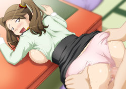 Rule 34 | 10s, 1girl, ass, bent over, blush, breast press, breasts, breasts out, brown eyes, brown hair, censored, clothed female nude male, clothes lift, clothing aside, gundam, gundam build fighters, gundam build fighters try, highres, huge ass, large breasts, legs, looking back, mosaic censoring, no bra, nude, open mouth, panties, panties aside, penis, pussy, sazaki kaoruko, sex, skirt, skirt lift, smile, solo focus, studio sunadokei, sweat, table, thighs, twintails, underwear, vaginal