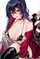 Rule 34 | 1girl, :d, azur lane, bare shoulders, bikini, black bikini, black choker, black hair, black thighhighs, blush, breasts, choker, cleavage, eyewear on head, fage, hair between eyes, highres, jacket, large breasts, long hair, looking at viewer, micro bikini, navel, official alternate costume, open mouth, race queen, red eyes, red jacket, simple background, skindentation, smile, solo, swimsuit, taihou (azur lane), taihou (enraptured companion) (azur lane), thighhighs, white background