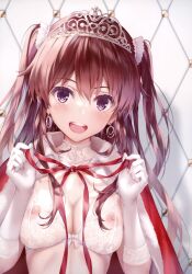 Rule 34 | 1girl, absurdres, blush, bow, bow bra, bra, breasts, brown eyes, brown hair, cape, cleavage, comic aun, earrings, elbow gloves, fur trim, gloves, hands up, highres, jewelry, long hair, looking at viewer, medium breasts, misaki kurehito, nipples, open mouth, red cape, scan, see-through, shiny skin, simple background, smile, solo, teeth, tiara, underwear, upper body, white gloves, yuzuki kanna