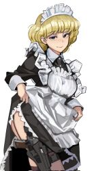 Rule 34 | 1girl, apron, blonde hair, blue eyes, clothes lift, collared dress, commentary request, dress, eyebrows visible through hat, freckles, frilled apron, frills, garter straps, gun, highres, holster, irene sanders, maid, maid apron, maid headdress, short hair, solo, suna no bara, thigh holster, wani (perfect han), weapon, white background