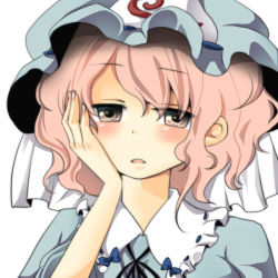 Rule 34 | 1girl, bad id, bad pixiv id, blue hat, female focus, hand over face, hat, mob cap, pink eyes, pink hair, saigyouji yuyuko, simple background, sleepy, solo, touhou, umi, umi (umi02), upper body, white background