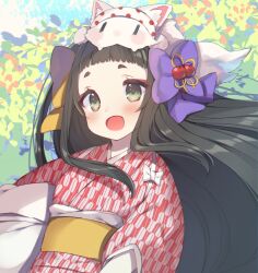 Rule 34 | 1girl, animal, animal on head, black hair, blue sky, blush, bow, bush, cherry hair ornament, cloud, commentary, day, eyelashes, eyeshadow, flower knot, food-themed hair ornament, fox, fox on head, green eyes, hair bow, hair ornament, hair ribbon, happy, highres, hime cut, japanese clothes, kimono, long hair, long sleeves, looking at viewer, makeup, marimari (show by rock!!), obi, on head, open mouth, outdoors, purple bow, raised eyebrows, red eyeshadow, red kimono, red sleeves, ribbon, sash, show by rock!!, sky, smile, solo, straight hair, upper body, usamata, very long hair, white bow, wide sleeves, yellow bow, yellow ribbon, yellow sash