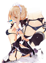 Rule 34 | 1girl, absurdres, artoria pendragon (all), artoria pendragon (alter swimsuit rider) (second ascension) (fate), artoria pendragon (fate), bikini, black bikini, black jacket, black ribbon, black thighhighs, blonde hair, blush, breasts, eating, fate/grand order, fate (series), food, frilled bikini, frills, garter belt, hair ribbon, highres, holding, holding food, jacket, lifted by self, looking at viewer, lying, maid, maid headdress, miyakawa106, multiple views, navel, neck ribbon, popsicle, ribbon, saber (fate), saber alter, simple background, sitting, small breasts, sweat, swimsuit, thighhighs, white background