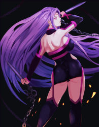 Rule 34 | 1girl, ass, back, bare shoulders, black thighhighs, breasts, detached sleeves, facial mark, fate/stay night, fate (series), forehead mark, from behind, garter straps, highres, hip focus, large breasts, long hair, looking at viewer, looking back, medusa (fate), medusa (rider) (fate), medusa (rider) (third ascension) (fate), purple eyes, purple hair, sideboob, solo, thighhighs, thighs, very long hair