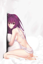 Rule 34 | 1girl, against wall, alternate costume, back, backless dress, backless outfit, bare arms, bare back, bare shoulders, bed sheet, breasts, closed mouth, dress, fate/grand order, fate (series), female focus, from side, full body, grey dress, grey sweater, groin, hair between eyes, halterneck, highres, long hair, looking at viewer, meme attire, naked sweater, no bra, no panties, hugging object, on bed, pillow, pillow hug, purple hair, red eyes, ribbed sweater, scathach (fate), sideboob, sitting, small breasts, smile, solo, spread legs, sweater, sweater dress, turtleneck, turtleneck sweater, virgin killer sweater, wariza, z w (adsfe), zw
