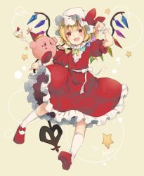Rule 34 | 1girl, :p, blonde hair, blush, bow, cake, crossover, dated, dress, fang, flandre scarlet, food, fork, gensou aporo, hat, hat bow, holding, holding fork, holding weapon, kirby, kirby (series), laevatein, nintendo, open mouth, party hat, puffy short sleeves, puffy sleeves, red dress, red eyes, footwear bow, shoes, short hair, short sleeves, side ponytail, signature, simple background, smile, socks, star (symbol), tongue, tongue out, touhou, weapon, wings, wrist cuffs, yellow background