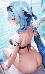 Rule 34 | 1girl, absurdres, arm strap, ass, back, bare shoulders, bikini, bikini top only, black bikini, black hairband, blue hair, blush, bottomless, breasts, commentary, eula (genshin impact), fantongjun, from behind, genshin impact, hair ornament, hairband, highres, large breasts, looking at viewer, looking back, medium hair, outdoors, parted lips, pool, purple eyes, sitting, solo, swimsuit, thigh strap, water