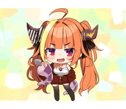 Rule 34 | 1girl, :d, asacoco, bad id, bad pixiv id, black bow, black thighhighs, blush stickers, bow, chibi, fang, holding, hololive, horn bow, horn ornament, horns, jacket, jewelry, kiryu coco, kiryu coco (loungewear), long hair, looking at viewer, necklace, noi mine, open clothes, open jacket, open mouth, orange hair, red eyes, red jacket, shirt, skin fang, smile, solo, thighhighs, twintails, very long hair, virtual youtuber, white shirt