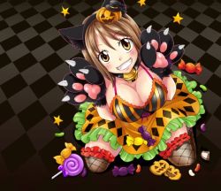 Rule 34 | 1girl, animal ears, bell, breasts, brown eyes, brown hair, candy, cat ears, cat paws, choker, cleavage, elie, food, from above, hair ornament, halloween, jingle bell, kneeling, large breasts, official art, paws, pumpkin, rave, smile, thighhighs