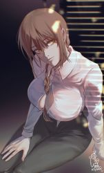Rule 34 | 1girl, absurdres, black pants, braid, braided ponytail, breasts, brown hair, business suit, chainsaw man, cleavage, formal, hair between breasts, highres, large breasts, light smile, looking at viewer, makima (chainsaw man), office lady, pants, ringed eyes, shirt, smile, solo, suit, white shirt, ydocoo, yellow eyes