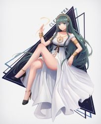 Rule 34 | 1girl, ain (3990473), armlet, black hair, blue eyes, bracelet, character name, cleopatra (fate), cleopatra (third ascension) (fate), collar, crossed legs, dress, earrings, fate/grand order, fate (series), hairband, high heels, highres, hoop earrings, jewelry, long dress, long hair, looking at viewer, metal collar, necklace, smile, solo, very long hair, white dress