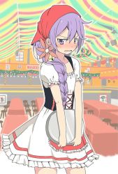 Rule 34 | 10s, 1girl, akebono (kancolle), apron, bell, blush, braid, dirndl, flower, german clothes, hair bell, hair flower, hair ornament, hair over shoulder, head scarf, kantai collection, long hair, low neckline, oktoberfest, open mouth, purple eyes, purple hair, shino (ponjiyuusu), solo, sweatdrop, table, tearing up, tray