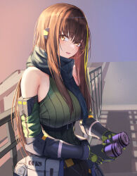 Rule 34 | 1girl, 3 small spiders, absurdres, bare shoulders, breasts, brown hair, can, commentary request, detached sleeves, drink, drink can, girls&#039; frontline, gloves, green hair, green scarf, highres, holding, holding can, holding drink, large breasts, long hair, looking at viewer, m4a1 (girls&#039; frontline), m4a1 (mod3) (girls&#039; frontline), mod3 (girls&#039; frontline), multicolored hair, ribbed sweater, scarf, sleeveless, sleeveless sweater, smile, soda can, solo, streaked hair, sweater, upper body, yellow eyes
