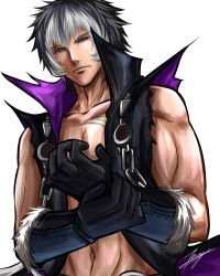 Rule 34 | 1boy, artist name, black gloves, black hair, fur trim, gloves, highres, looking at viewer, male focus, multicolored hair, muscular, navel, open clothes, pectorals, signature, silver hair, solo, soul calibur, soulcalibur, soulcalibur v, tattoo, tenyo0819, vest, white background, zwei (soulcalibur)