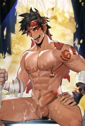 Rule 34 | 1boy, abs, bandaged arm, bandages, bara, blush, bodypaint, censored, cum, cum on body, cum on male, cum on legs, cum on pectorals, dark-skinned male, dark skin, erection, facial scar, feather hair ornament, feather necklace, feathers, gan ning, hair ornament, headband, highres, large pectorals, male focus, mature male, mosaic censoring, muscular, muscular male, navel, navel hair, nipple piercing, nipple rings, nipples, nude, one eye closed, paid reward available, pectorals, penis, piercing, paid reward available, scar, scar on cheek, scar on chest, scar on face, shin sangoku musou, short hair, sideburns, solo, stomach, thick thighs, thighs, tongue, tongue out, wet, yaowu
