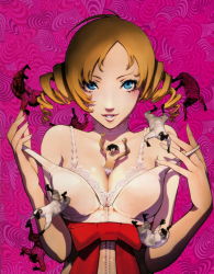 Rule 34 | 1boy, 1girl, atlus, bare shoulders, between breasts, blonde hair, blue eyes, bow, boxers, breasts, catherine, catherine (game), choker, cleavage, drill hair, eyeliner, heart, highres, makeup, male underwear, nail polish, official art, open mouth, pink nails, scan, sheep, smile, soejima shigenori, twin drills, twintails, underwear, undressing, upper body, vincent brooks, waist bow