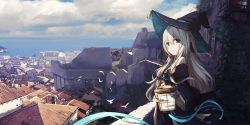 Rule 34 | 1girl, bird, blue dress, blue eyes, blue sky, cityscape, cloud, commentary request, day, dress, fantasy, hair between eyes, hair ornament, hat, highres, holding, long hair, looking at viewer, ocean, off-shoulder dress, off shoulder, original, outdoors, sagiri (ulpha220), scenery, sky, solo, tomoshibi no majo, two-sided fabric, two-sided headwear, white hair, witch hat