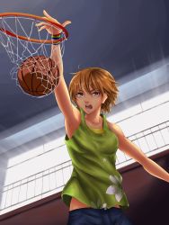 Rule 34 | 1girl, absurdres, arm up, armpits, ball, basketball, basketball (object), basketball hoop, basketball uniform, brown eyes, brown hair, highres, jumping, persona, persona 4, playing sports, satonaka chie, short hair, shorts, slam dunk (basketball), solo, sportswear, wristband, you xi feng